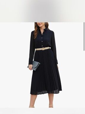 Elegant Black Pleated Midi Shirt Dress with Belt